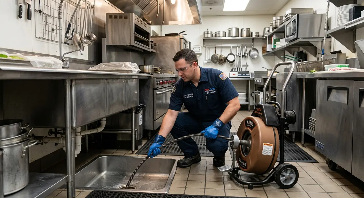 Commercial drain cleaning service in a restaurant kitchen in Centerville
