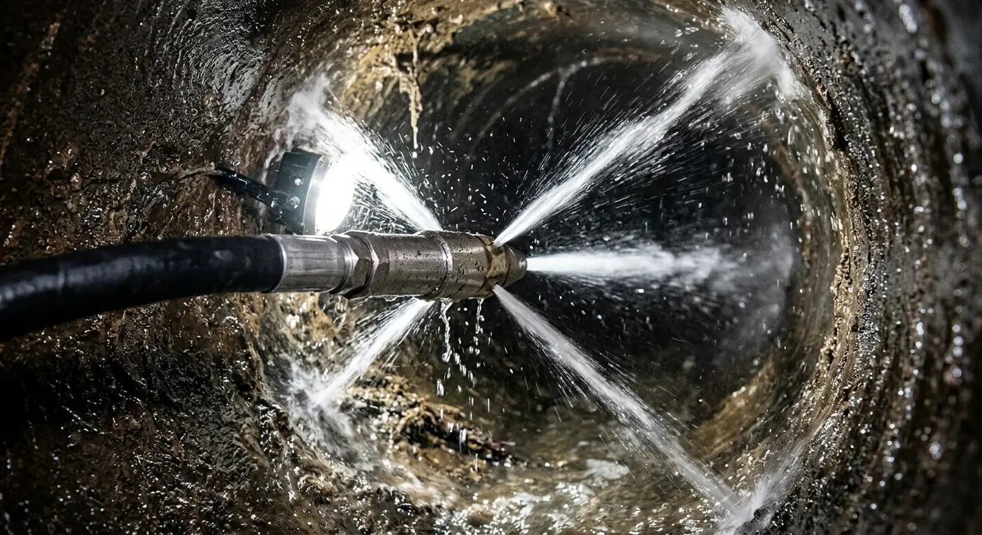 High-pressure hydro jetting nozzle cleaning sewer pipe for Emergency Drain Service in Centerville