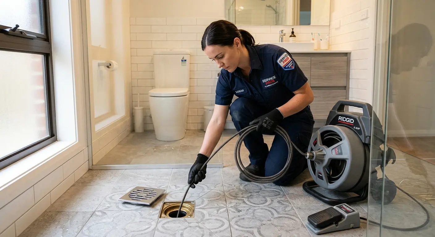 Technician clearing a bathroom floor drain for Drain Cleaning in Centerville